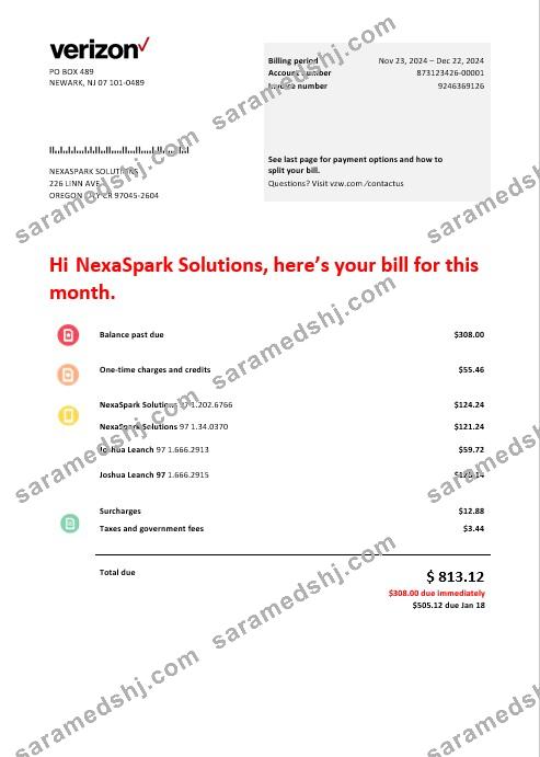 USA Verizon telecommunications business utility bill template in Word and PDF formats